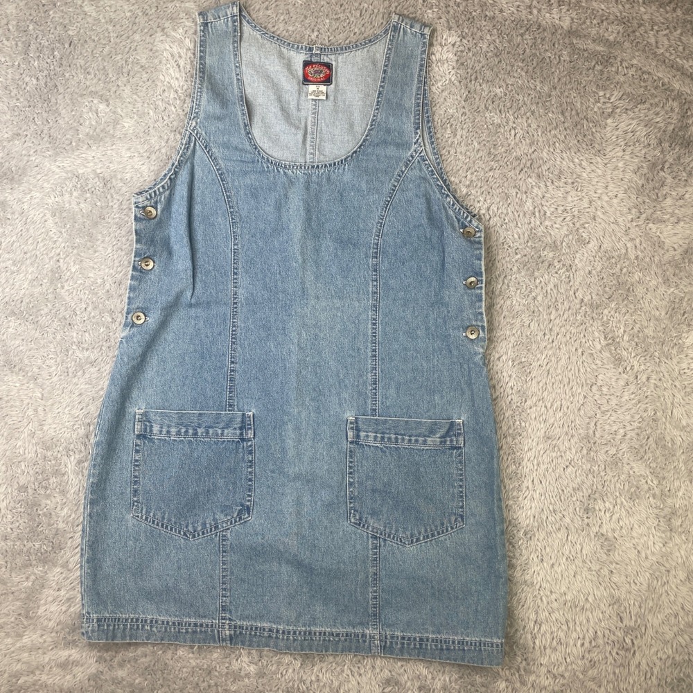 Vintage No Excuses Jumper Dress Womens M Blue Denim Mini Pinafore Side Button
